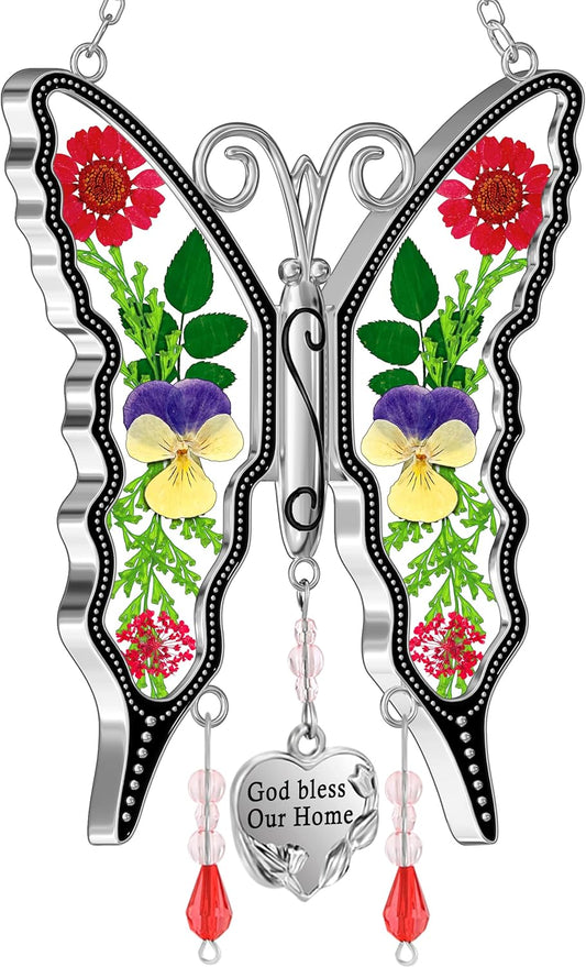 KY&BOSAM Butterfly Suncatcher God Bless Our Home Ornaments Stain Glass Sun Catchers for Windows