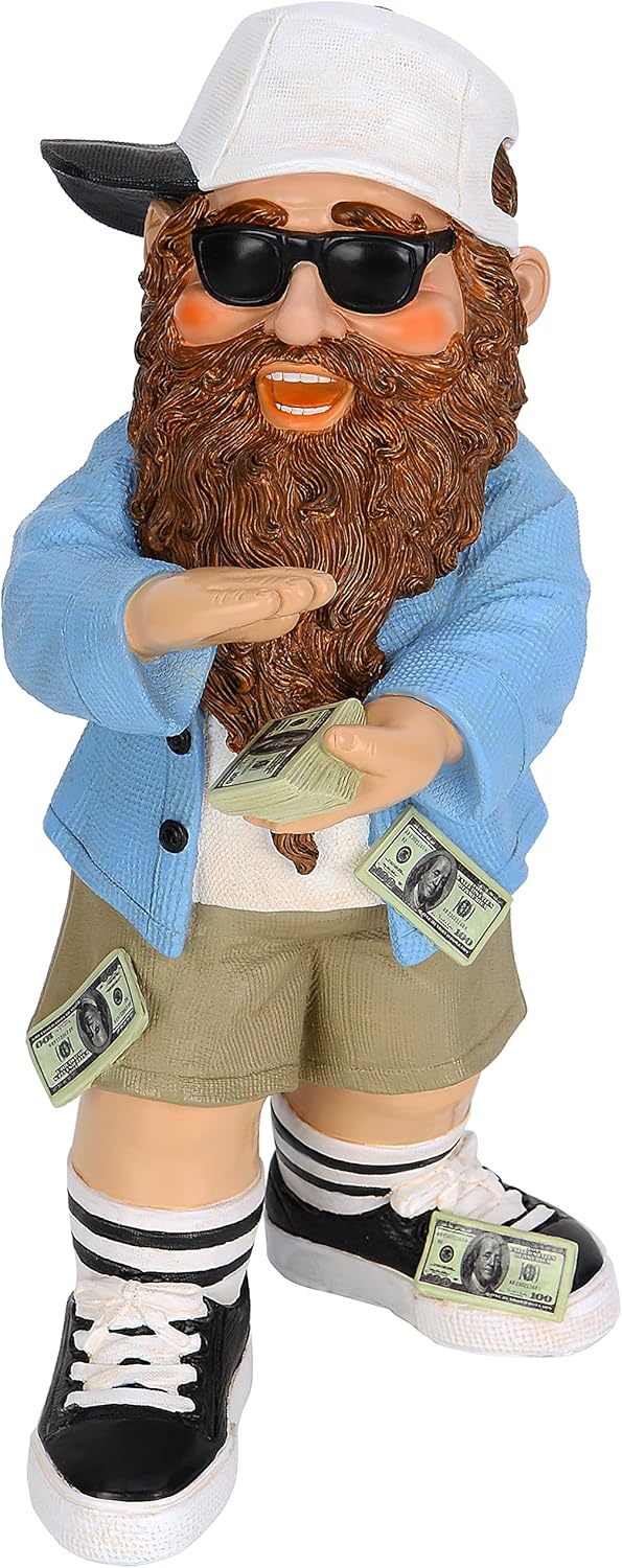 Mood Lab Garden Gnome - Lucky Rich Gnome Statue - 9.25 Inch Tall Lawn Figurine - for Outdoor or House Decor