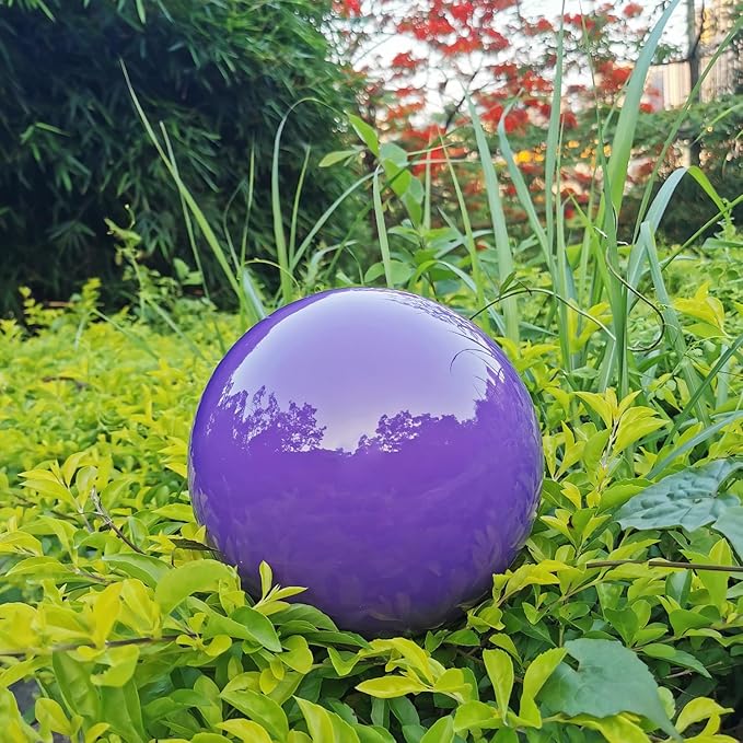 Purple Gazing Globe Mirror Ball in Stainless Steel, Shiny Hollow Sphere Sparkling Housewarming Outdoor Party Ornament (Purple, 8 inches)