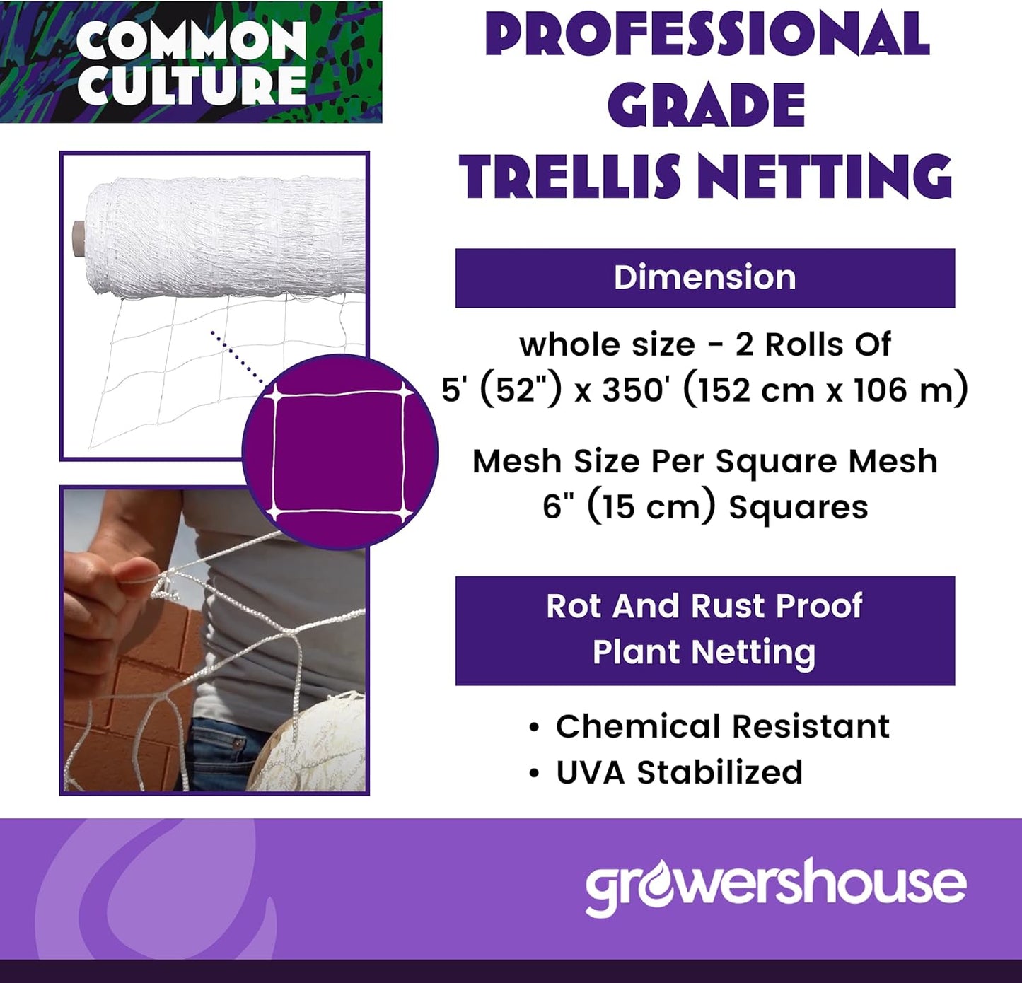 COMMON CULTURE Grow Strong Plant Trellis + Trojan Scissors - 6" Square Soft Mesh Nylon Trellis Netting Bulk Roll - Heavy-Duty Garden Netting for Plants - 5" x 350" - 2 Rolls