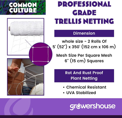 COMMON CULTURE Grow Strong Plant Trellis + Trojan Scissors - 6" Square Soft Mesh Nylon Trellis Netting Bulk Roll - Heavy-Duty Garden Netting for Plants - 5" x 350" - 2 Rolls