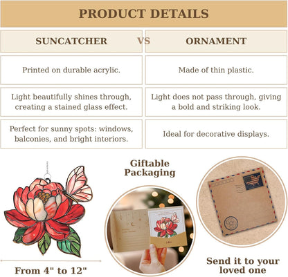 Butterfly and Peony Acrylic Suncatcher Stained Glass Effect Window Car Hanging Christmas Ornament Indoor Outdoor Decor Garden Sun Catcher Panel for Flower Lover for Women Mom Grandma