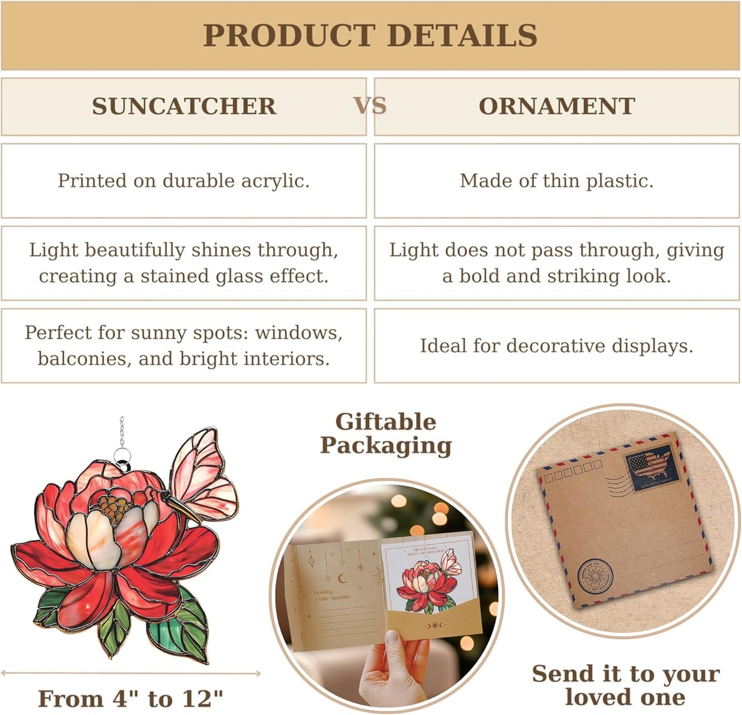 Butterfly and Peony Acrylic Suncatcher Stained Glass Effect Window Car Hanging Christmas Ornament Indoor Outdoor Decor Garden Sun Catcher Panel for Flower Lover for Women Mom Grandma