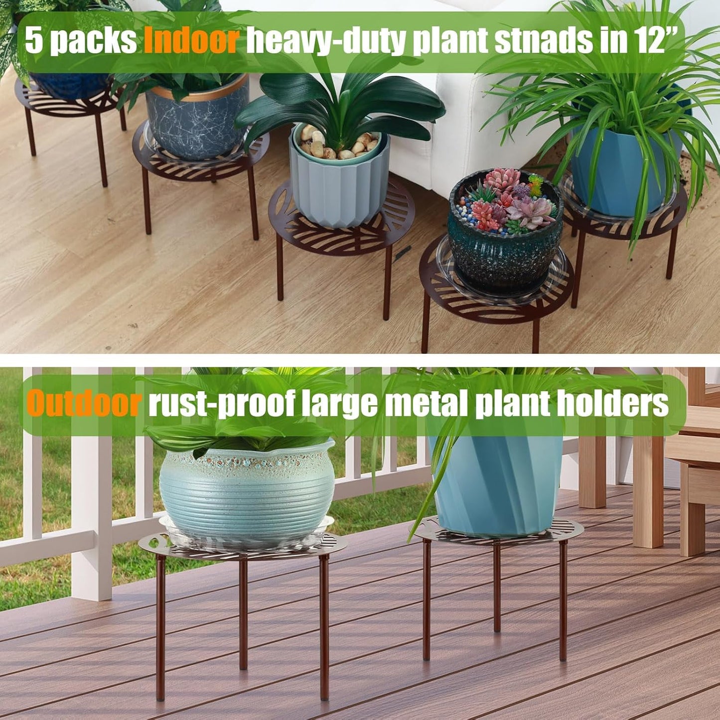 5-Pack 12” Heavy-duty Metal Plant Stands Large Flower Pot Holder for Indoor Outdoor Rust-proof Iron Potted Planter Stand Modern Round Corner Stand Shelf for Living Room Patio Garden Yard, Brown