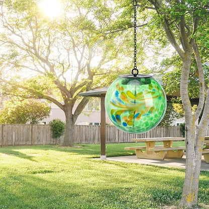 Solar Hanging Lanterns Outdoor Solar Glaze Glass Lantern Globe Hanging Outdoor Lights for Garden Yard Home Decoration Green