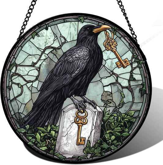 Stained Glass Window Hanging - Halloween Crow Holding A Key Suncatcher for Doors Garden Home Spooky