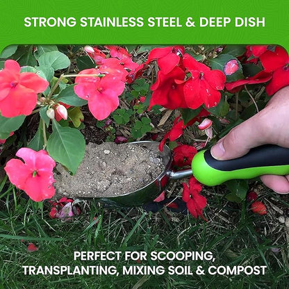 Garden Guru Super Strong Garden Scoop Trowel Shovel Transplanter - Stainless Steel - Rust Resistant - Ergonomic Grip - Perfect Hand Shovel for Gardening Transplanting and Digging