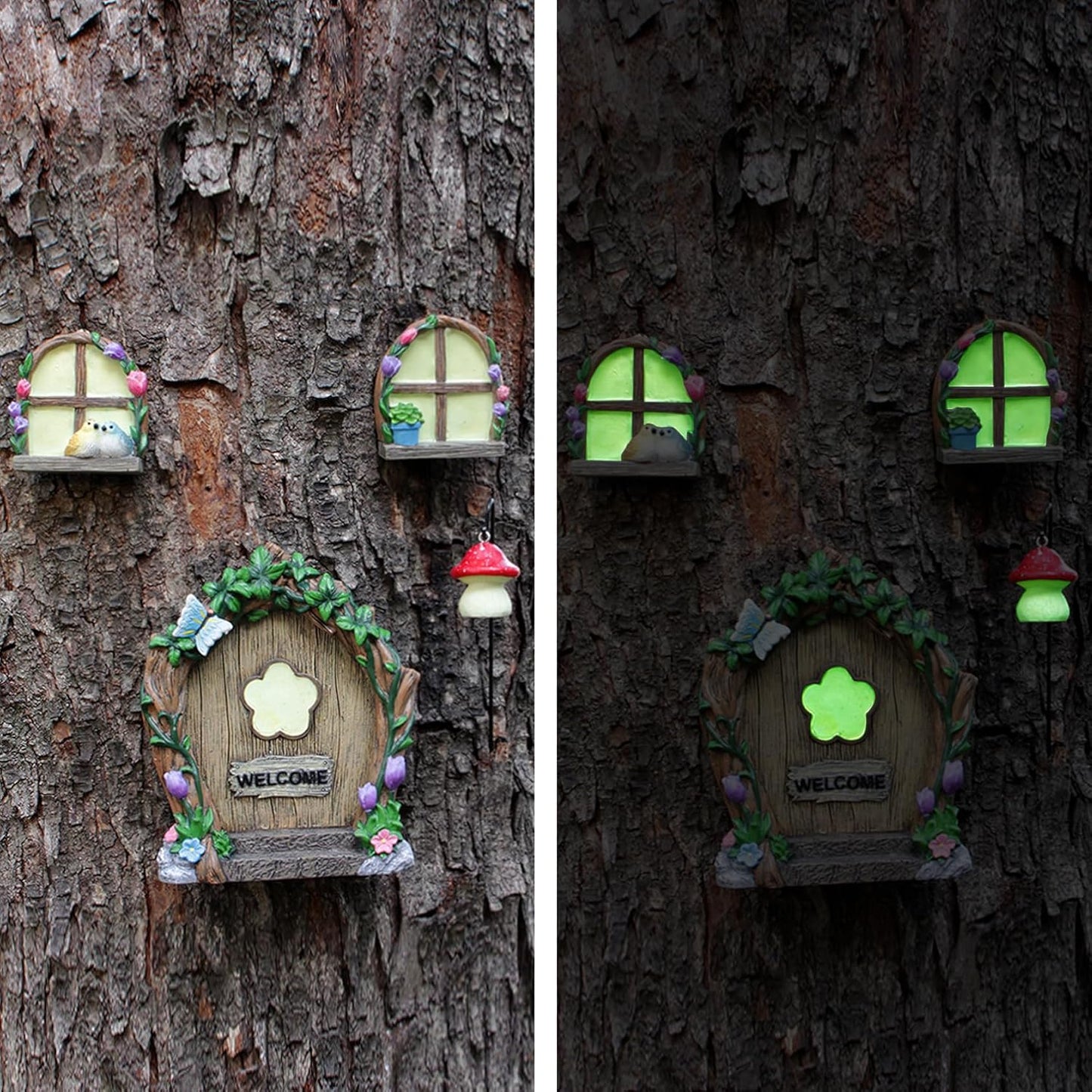 Fairy Door and Windows Garden Kit Accessories Outdoor, Glow in Dark Gnome House for Tree, Lawn Yard Art Sculpture, Miniature Garden Decor (Butterfly)