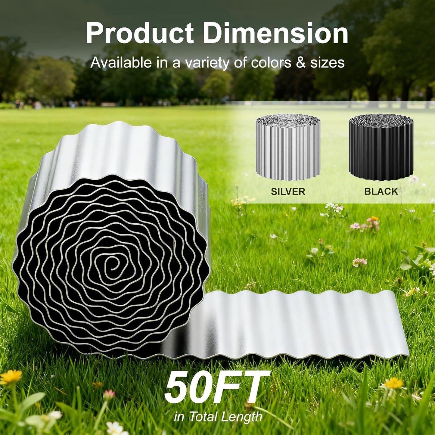 Corrugated Metal Garden Edging 6" x 50Ft, Sturdy Lawn Edging Border, Landscape Edging Border for Lawn, Flower Bed, Garden and Yard (Silver, 6 * 50Ft)