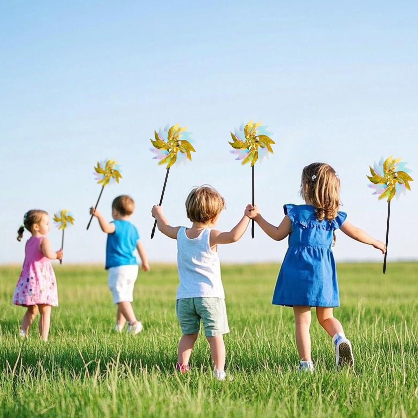 winemana 12 Pcs Reflective Pinwheels Outdoor, Wind Spinners for Yard & Garden, Sparkly Bird Repellent Windmill Scare Birds Away, Deterrent Devices for Outside Patio Lawn Spring Decor (Yellow)
