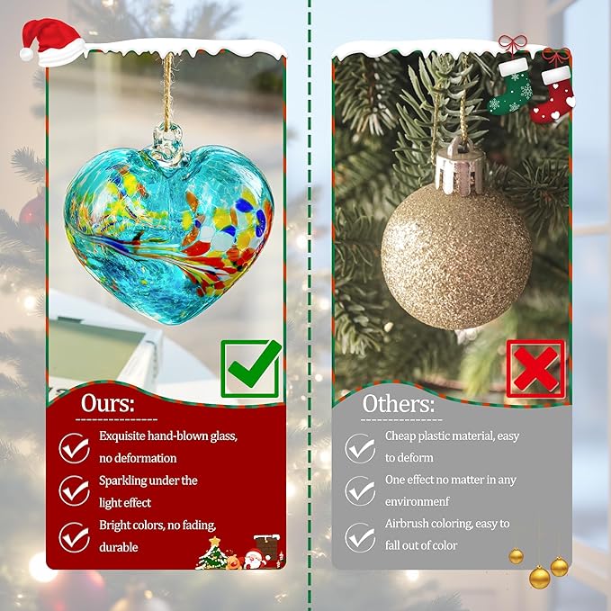Blue Heart Hand Blown Glass Gazing Balls for Garden Hanging Friendship Balls Christmas Ball Ornaments for Xmas Tree Decoration (Blue - B)