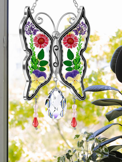 KY&BOSAM Butterfly Suncatcher Mom Gifts Stained Glass Suncatchers for Windows Hangings Wind Chime with Pressed Real Flower Wings with Crystal Charm Birthday Gifts for Mom Mother`s Day Home Decor