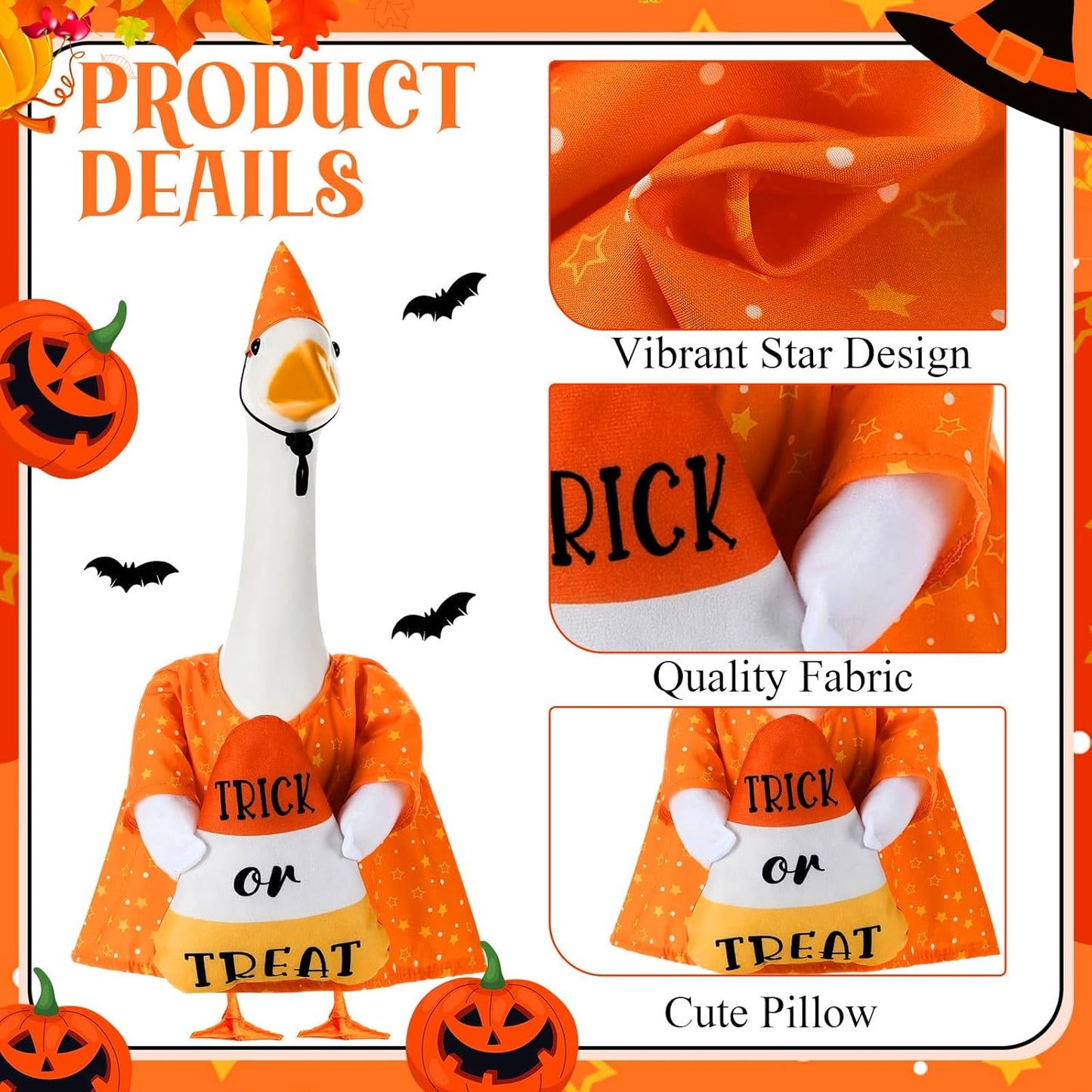 Sanwuta 1 Set Halloween Porch Goose Outfit Candy Corn Pillow Design with Hat for 23" Lawn Cement Goose Porch Geese Clothes Costume for Halloween Garden Patio Yard Outdoor Decorations