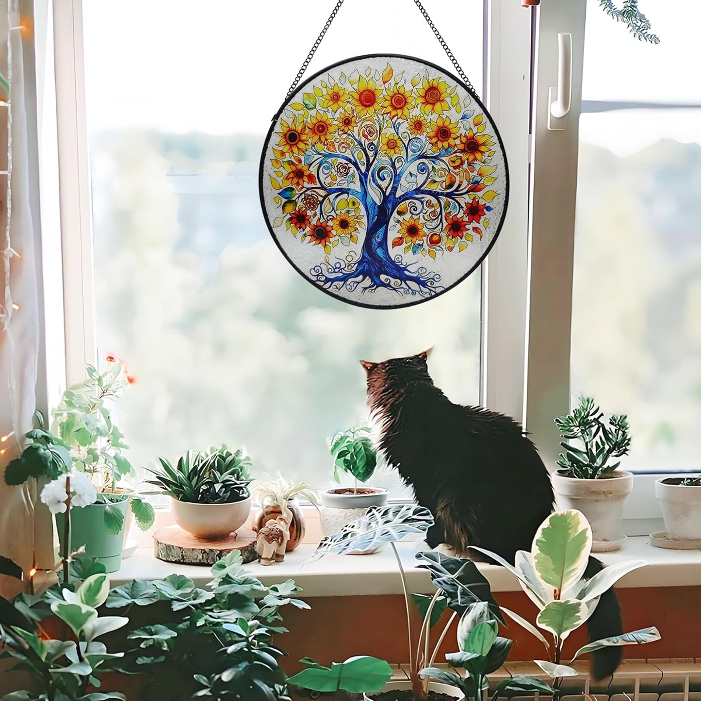 Tree of Life Stained Glass Window Hanging, Sunflower Tree Sun Catchers Indoor Window, 9.8'' Suncatchers for Windows Hanging Christmas, Birthday Gifts for Women, Men