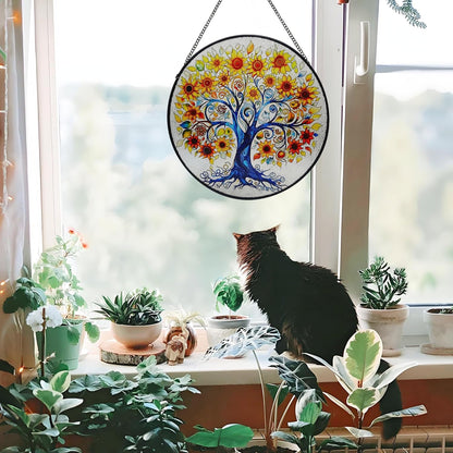 Tree of Life Stained Glass Window Hanging, Sunflower Tree Sun Catchers Indoor Window, 9.8'' Suncatchers for Windows Hanging Christmas, Birthday Gifts for Women, Men