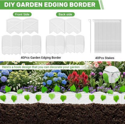 Vashly 40Ft Edging for Landscaping 5.9inch Tall Garden Edging with 40Pcs Anchoring Stakes, 40Pcs White Garden Edging Border Landscape Edging Flower Bed Edging Borders