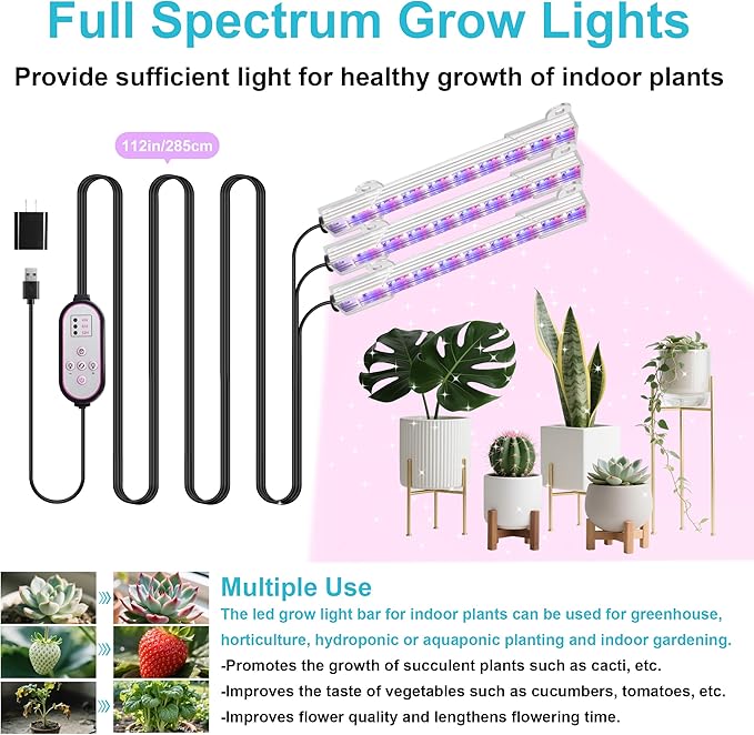 7.8'' LED Grow Light Strips, Grow Lamps for Indoor Plants Full Spectrum, Plant Light with 4/8/12H Timer, 10 Dimmable Levels for Seedling Succulent,Best Match for Plant Shelf, 3 Head