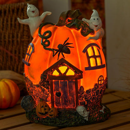 Topadorn Fall Pumpkin House Statue with LED， Pumpk Fall Decor for Home -Thanksgiving Indoor & Outdoor Party Decor, 7.09" H