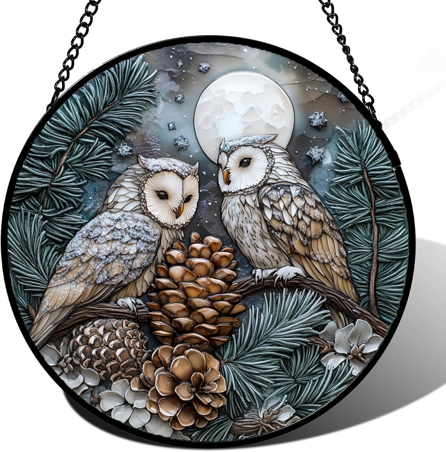 Stained Glass Window Hanging - Owl On A Tree Suncatcher for Doors Garden Patio Winter Scene Sun Catchers Decor Christmas Mother's Day Birthday Gifts for Women Men Mom Nana Friend 7.8 in