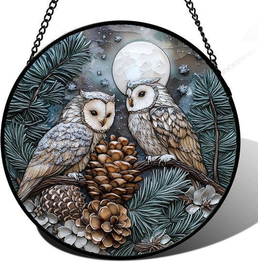 Stained Glass Window Hanging - Owl On A Tree Suncatcher for Doors Garden Patio Winter Scene Sun Catchers Decor Christmas Mother's Day Birthday Gifts for Women Men Mom Nana Friend 7.8 in