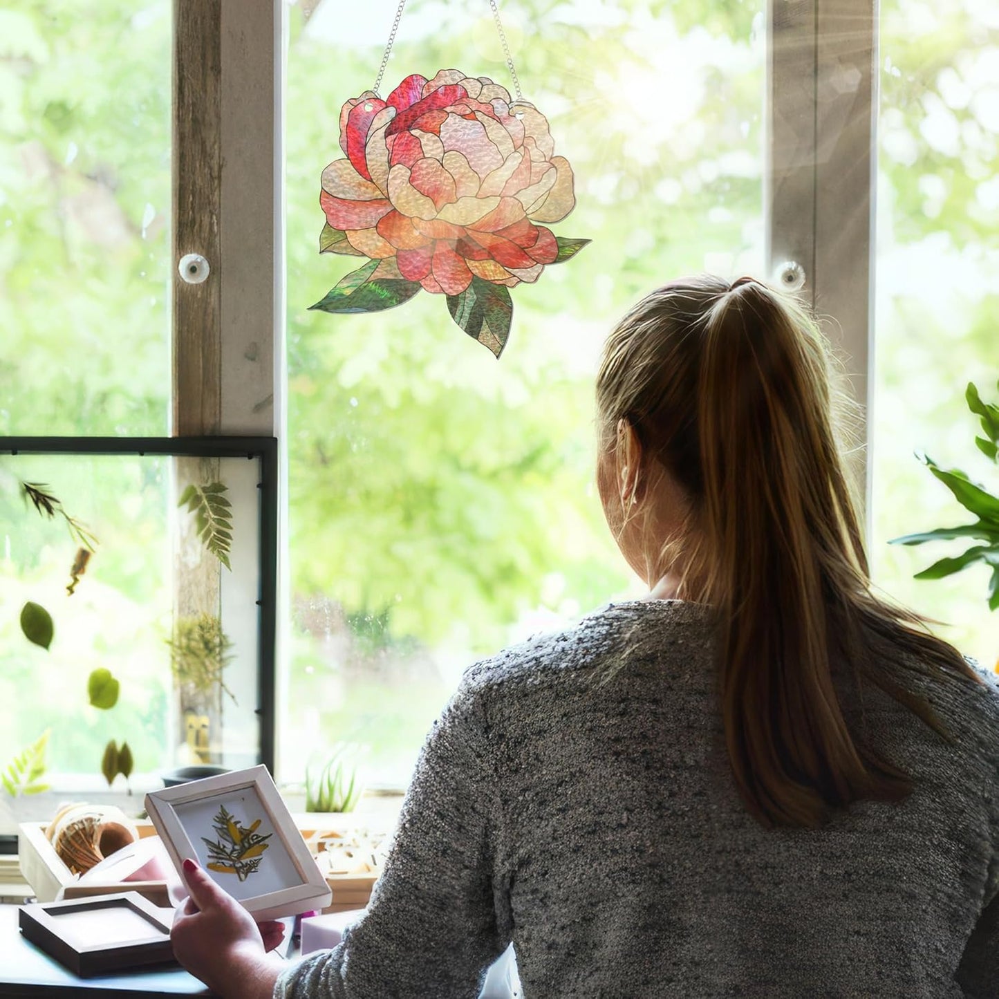 FLAGWIX Christmas Peony Flowers Gifts for Grandma - Stained Glass Window Hanging 10 in - Birthday Gifts for Women Mom, Grandma Gift, Peony Sun Catchers Indoor Window, Suncatchers Christmas Decorations