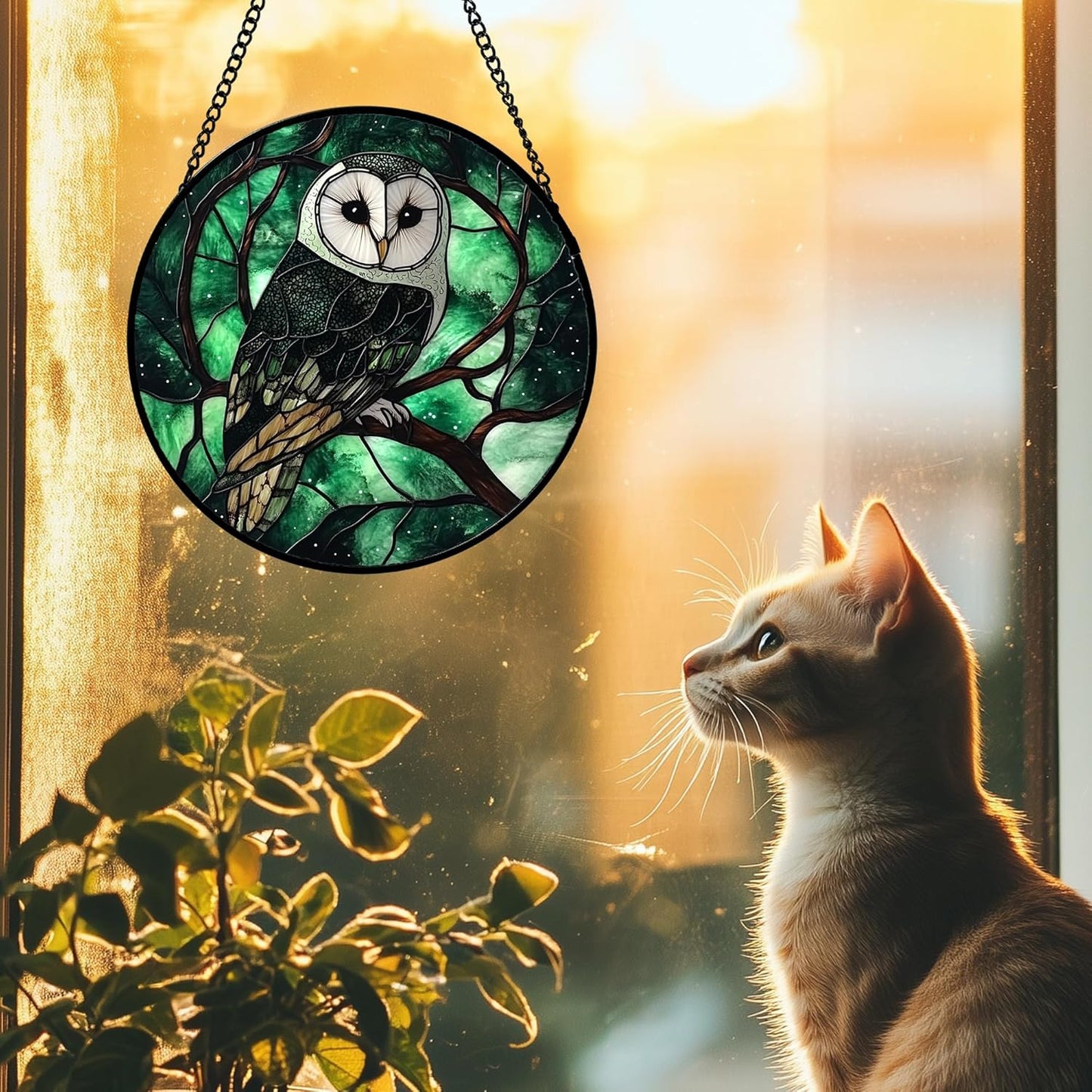 Stained Glass Window Hanging 4 Pcs Set Green Forest Night Sky Wildlife 7.8" - Suncatcher Door Garden Sun Catcher Decor Birthday for Mom Woman Nana Men Friend