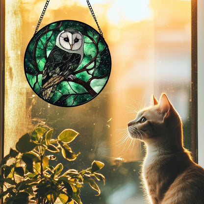 Stained Glass Window Hanging 4 Pcs Set Green Forest Night Sky Wildlife 9.8" - Suncatcher Door Garden Sun Catcher Decor Birthday for Mom Woman Nana Men Friend