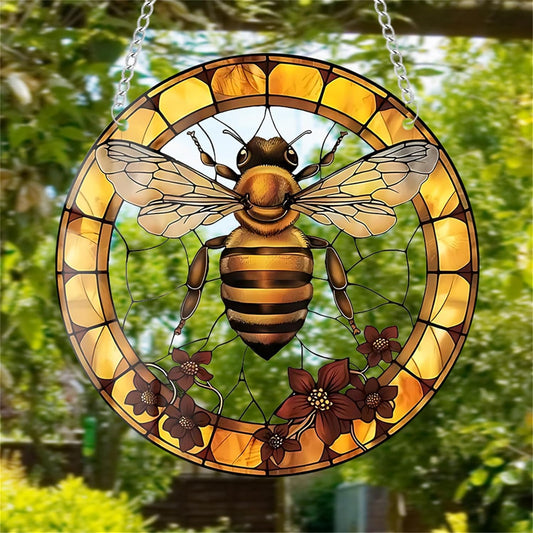 Yellow Bee Stained Suncatchers for Windows Flower Indoor Outdoor Hanging Stained Acrylic Panels, Kitchen Bedroom Garden Wall Art Decoration Gifts for Women Mom Grandma Teacher