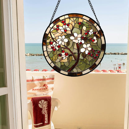 CRIS GIF Stained Glass Window Hanging - Hawthorn Tree Birth Flowers Suncatcher for Doors Garden Patio Sun Catchers Decor Christmas Mother's Day Birthday Gifts for Women Men Mom Nana Friend 15 in