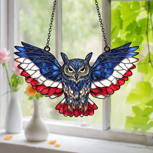 American Flag Owl Suncatcher – Acrylic Suncatcher Window Hanging – Patriotic Owl Decor for Home