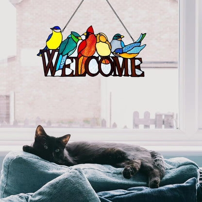 6 Birds Stained Glass Welcome Sign for Front Door Window Hanging Suncatcher, Handmade Tiffany Style Outdoor Welcome Signs Decor Gifts for Mom, Women, Bird Lovers, Bless This Home