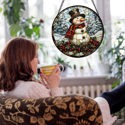 Stained Glass Window Hanging - Christmas Snowman Suncatcher for Door Terrace Garden Home Decor Winter Forest Snow Sun Catcher Birthday Gifts for Lovers Women Men Dad Mom Nana 6.3 in