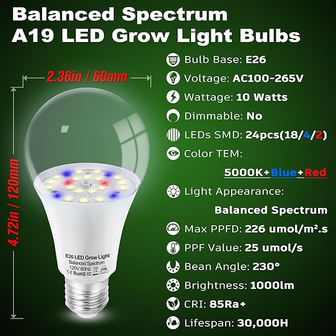 Grow Light Bulbs for Indoor Plants Full Spectrum E26 A19 10W,Grow LED Light Bulb with Balanced Spectrum 5000K Blue Red for Seeds Greens Laboratory,School,Greenhouse, Indore Garden, Hydroponic,1Pcs