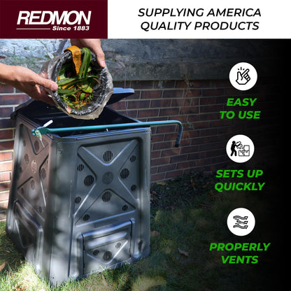 Redmon Outdoor Compost Bin with Lift Off Lid, 4-Door Access & Vent Holes, 65 Gallon, Black