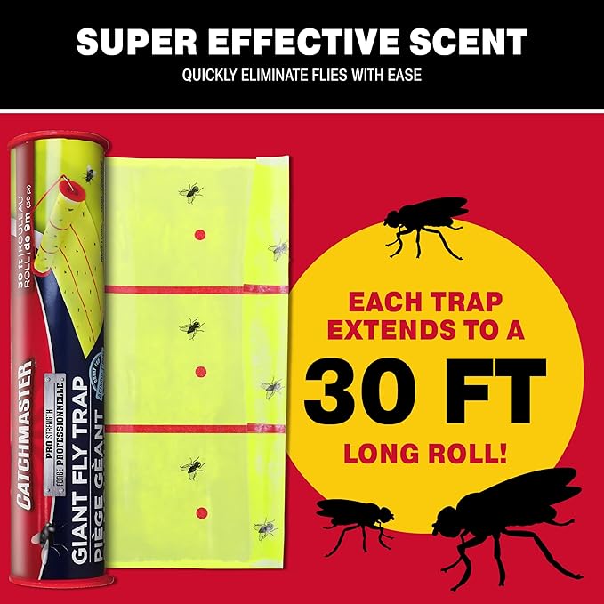 Catchmaster Giant Fly Glue Trap 3-Pack 30 Feet Each, Adhesive Fly Traps Outdoor, Sticky Bug Catcher, Bulk Flying Insect Paper Roll, Pest Control for Garage, Barn, Greenhouse & Garbage Room