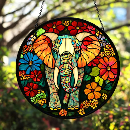 Floral Elephant Acrylic Suncatcher Window Hanging Faux Stained Glass Nature Lover Mom Gift