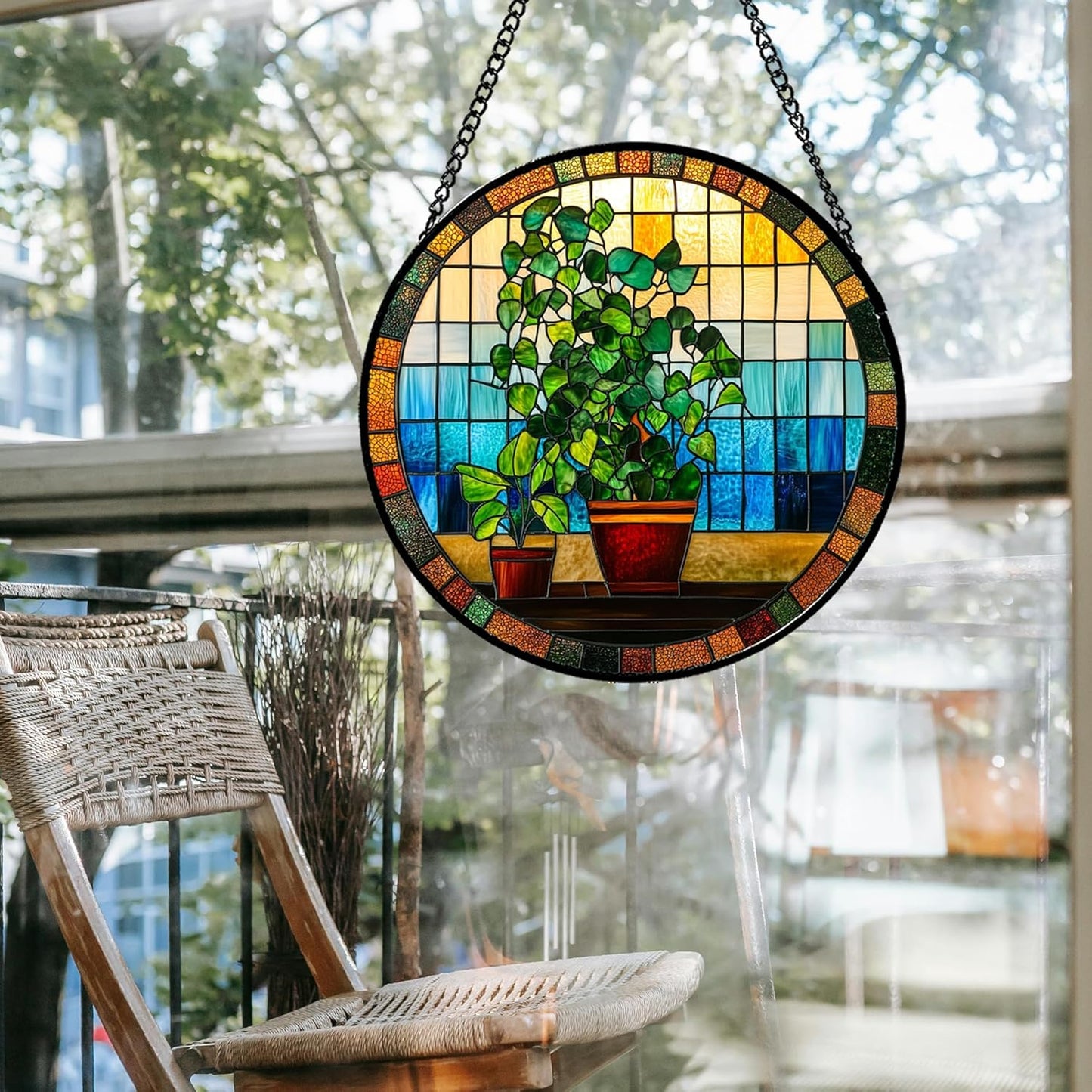 Stained Glass Window Hanging Green Potted Plants Large 11.8" - Suncatcher Door Garden Sun Catcher Retro Home Decor Birthday Christmas for Mom Men Woman Nana Friend