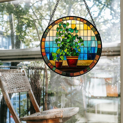 Stained Glass Window Hanging Green Potted Plants 9.8" - Suncatcher Door Garden Sun Catcher Retro Home Decor Birthday Christmas for Mom Men Woman Nana Friend