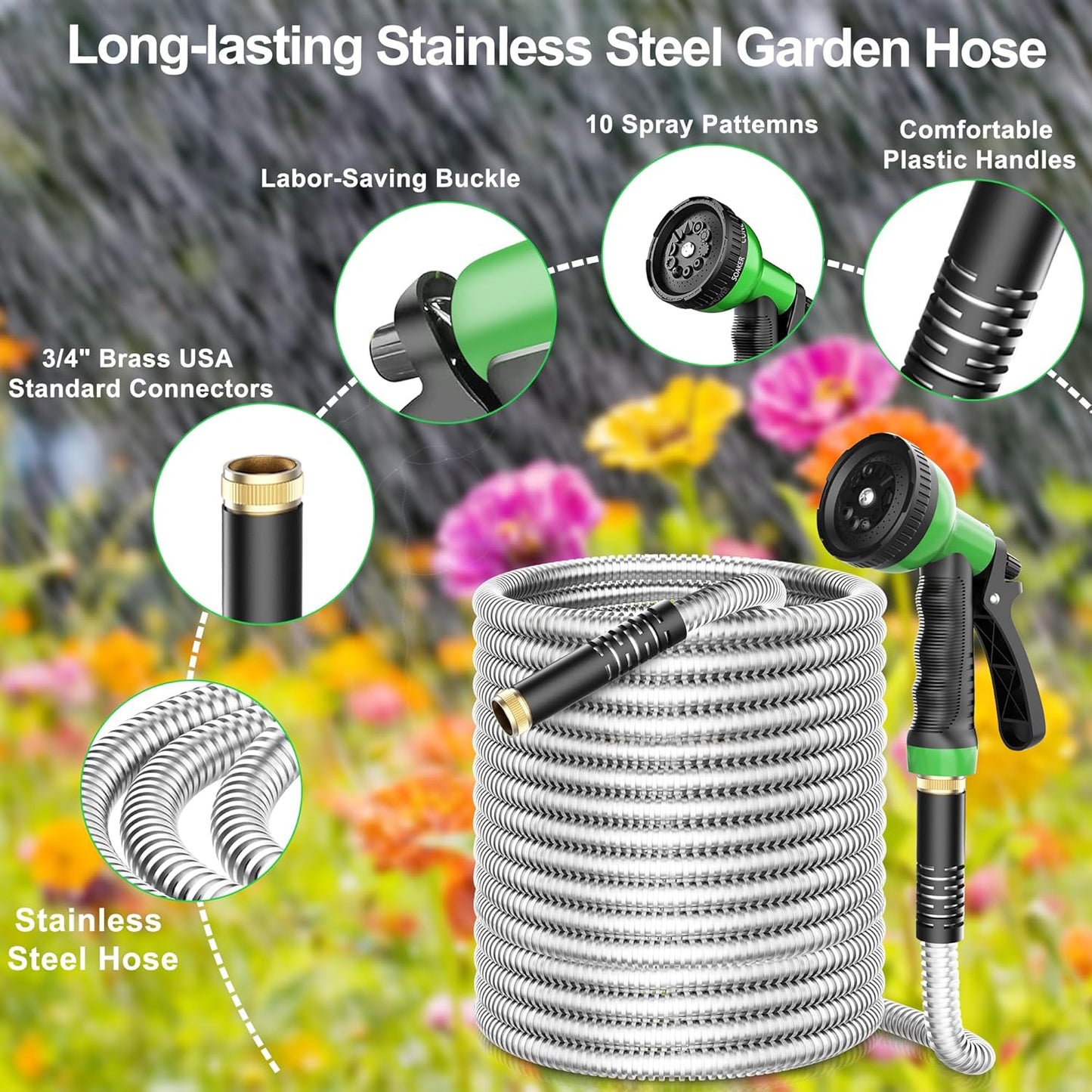 Metal Garden Hose 50ft, Stainless Steel Water Hose Leak-Proof w/10 Function Sprayer Nozzle, 5/8" Flexible Garden Hoses, Long-Lasting, Lightweight, No-Kink Water Hose, for Yard and Lawn