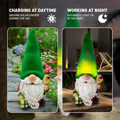 Gnome with Frog and Flower, Solar Garden Lights, Decor for Yard, Patio, Lawn - Novel Gift for Women, Mom, Friends(Green Hat Gnomes)