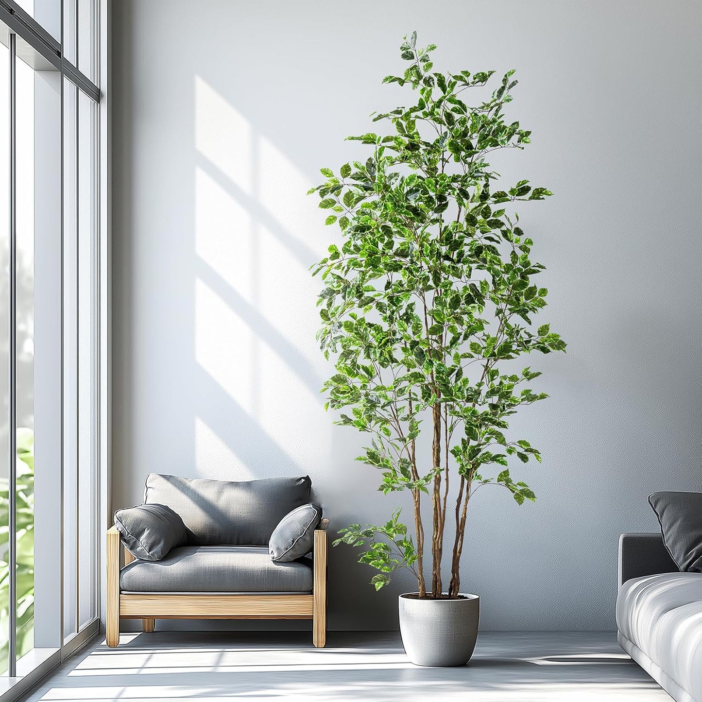 Artificial Ficus Tree Indoor 8ft, Large Potted Faux Tree with Realistic Silk Leaves & Trunk for Home Office, Living Room Corner Decor