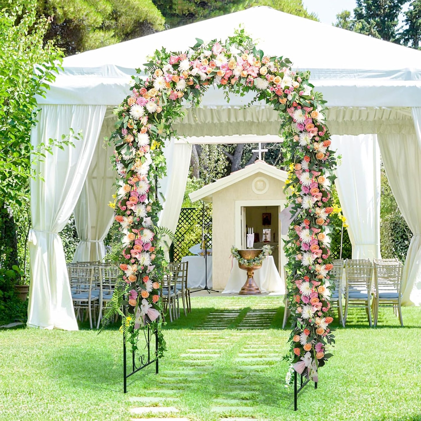Moccha Garden Arch, 7.2Ft Metal Arbor for Climbing Plants, Vines, Roses, Outdoor Pergola Trellis with Stakes, Wide Garden Archway Arbor Trellis for Lawn Wedding Bridal Party Decoration Ceremony