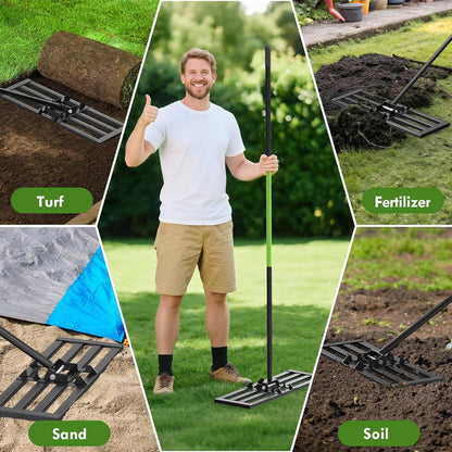 Seeutek Lawn Leveling Rake, 30” x 10” Lawn Leveler with 6.5FT Stainless Steel Handle Rakes for Lawns, 0-180° Adjustable Ground Leveler Tool for Yard, Level Soil Sand Dirt Surfaces