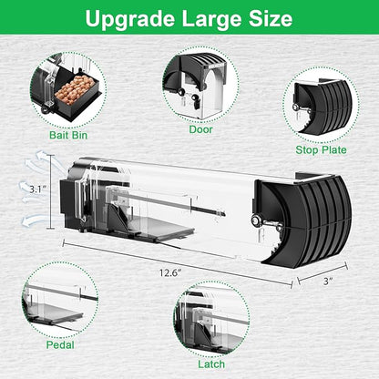 Humane Mouse Traps, 12.6 Inches Enlarged No Kill Live Rat Rodent Traps for Chipmunks, Reusable Catch and Release Mouse Trap That Work for Indoor & Outdoor (2 Pack)