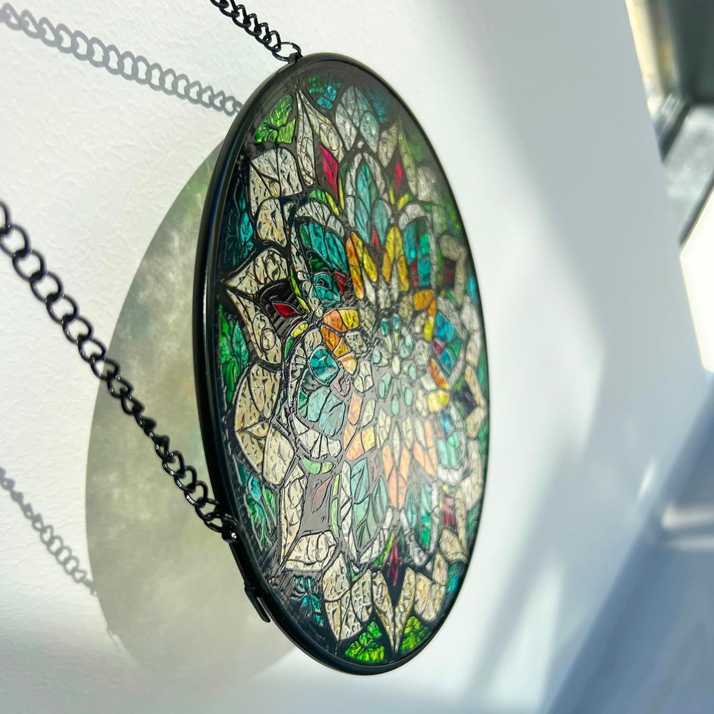 Bohemian Mandala Stained Glass Window Hanging Sun Catcher Indoor Outdoor Home Garden Panel Hangings Gift for Kits Adults (Green)