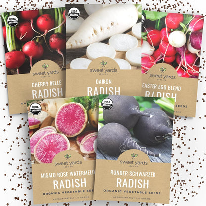 Organic Radish Seeds Variety Pack - 5 Individual Packs - 2025 Season - Cherry Belle, Easter Egg, Misato Rose and More! for Indoor & Outdoor Planting (Non-GMO, Certified Organic)