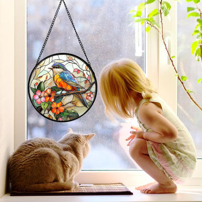 Stained Glass Window Hanging, Blue Bird Pink Flower Suncatcher Diamond Glass Panel Bird Sun Catchers Decor for Birthday for Women, Men, Wife, Aunt, and Mom 6.3 in