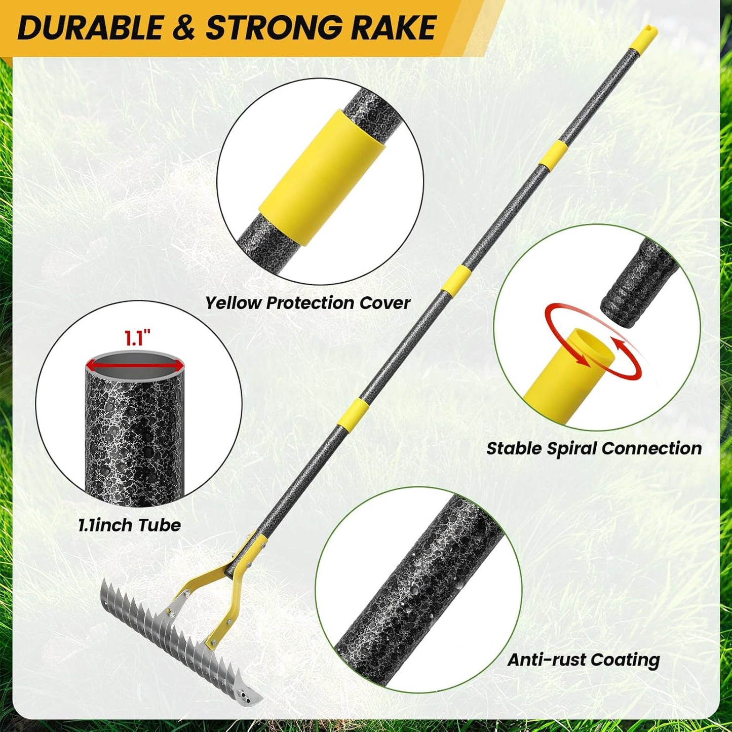 Thatch Rake 5.5FT Heavy Duty Metal Dethatcher Rake with Adjustable Long Handle 19-Tine 15” Wide Lawn Yard Garden Tool for Cleaning Dead Leaf Grass Loosing Soil