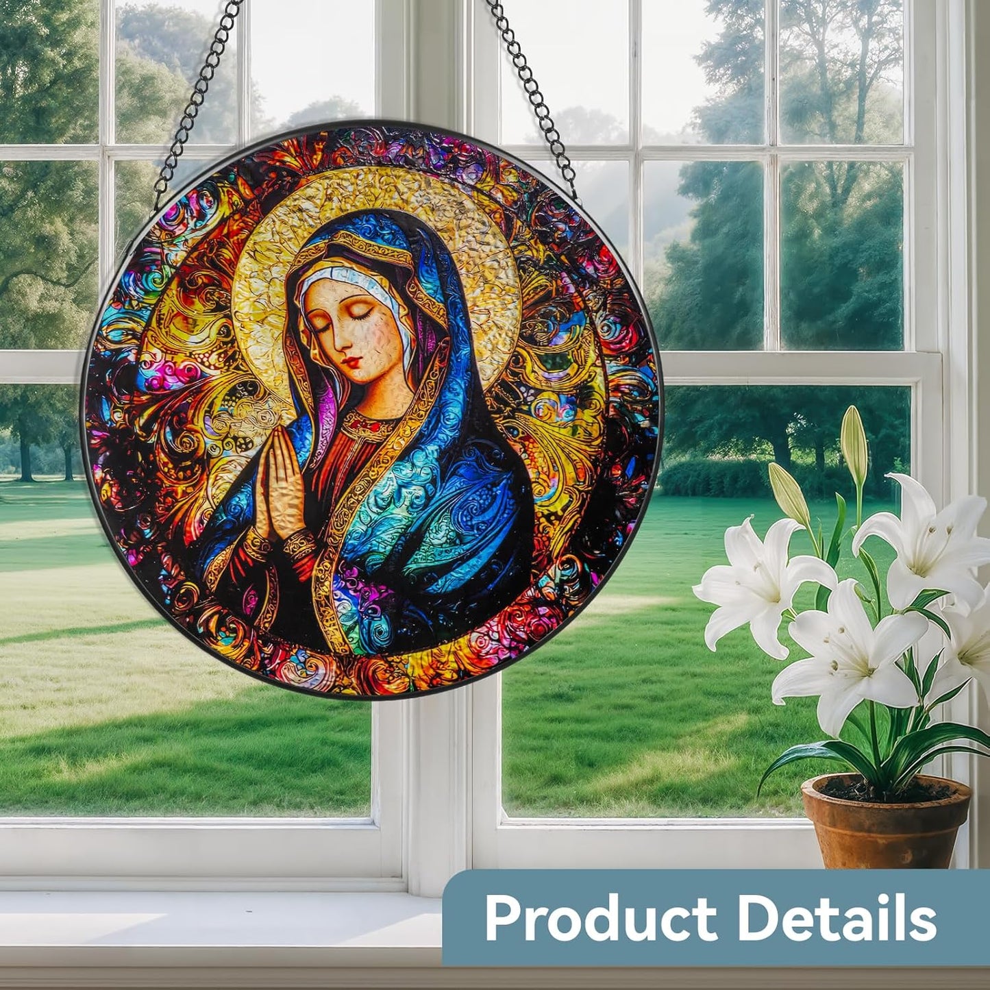 Suncatcher Stained Glass Window Hanging - Mother Mary Glass Panel with Metal Chain and Hooks Handmade Sun Catcher Decoration for Window Garden Home Christmas & Birthday Gifts (8 Inch)