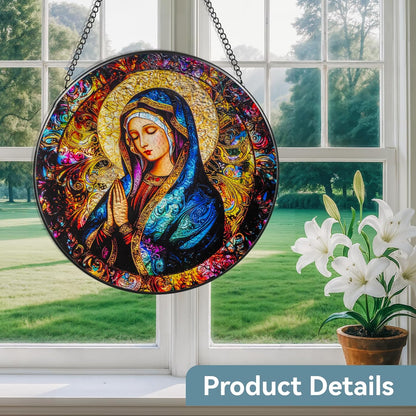 Suncatcher Stained Glass Window Hanging - Mother Mary Glass Panel with Metal Chain and Hooks Handmade Sun Catcher Decoration for Window Garden Home Christmas & Birthday Gifts (8 Inch)
